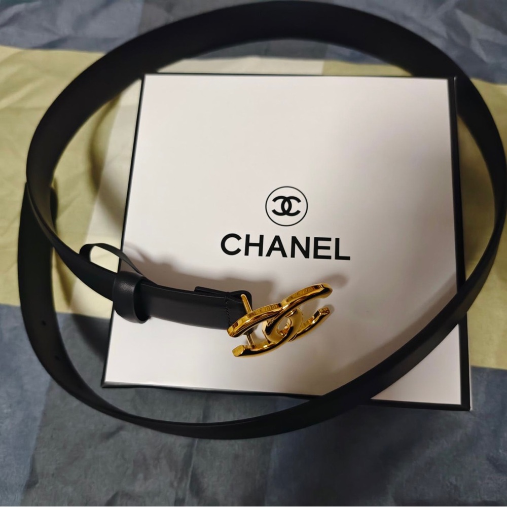 Chanel black belt with gold buckle